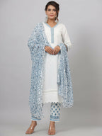 Juniper Women's White Cotton Cambric Solid Kurta Floral Printed Pant & Dupatta Set | Grocsy