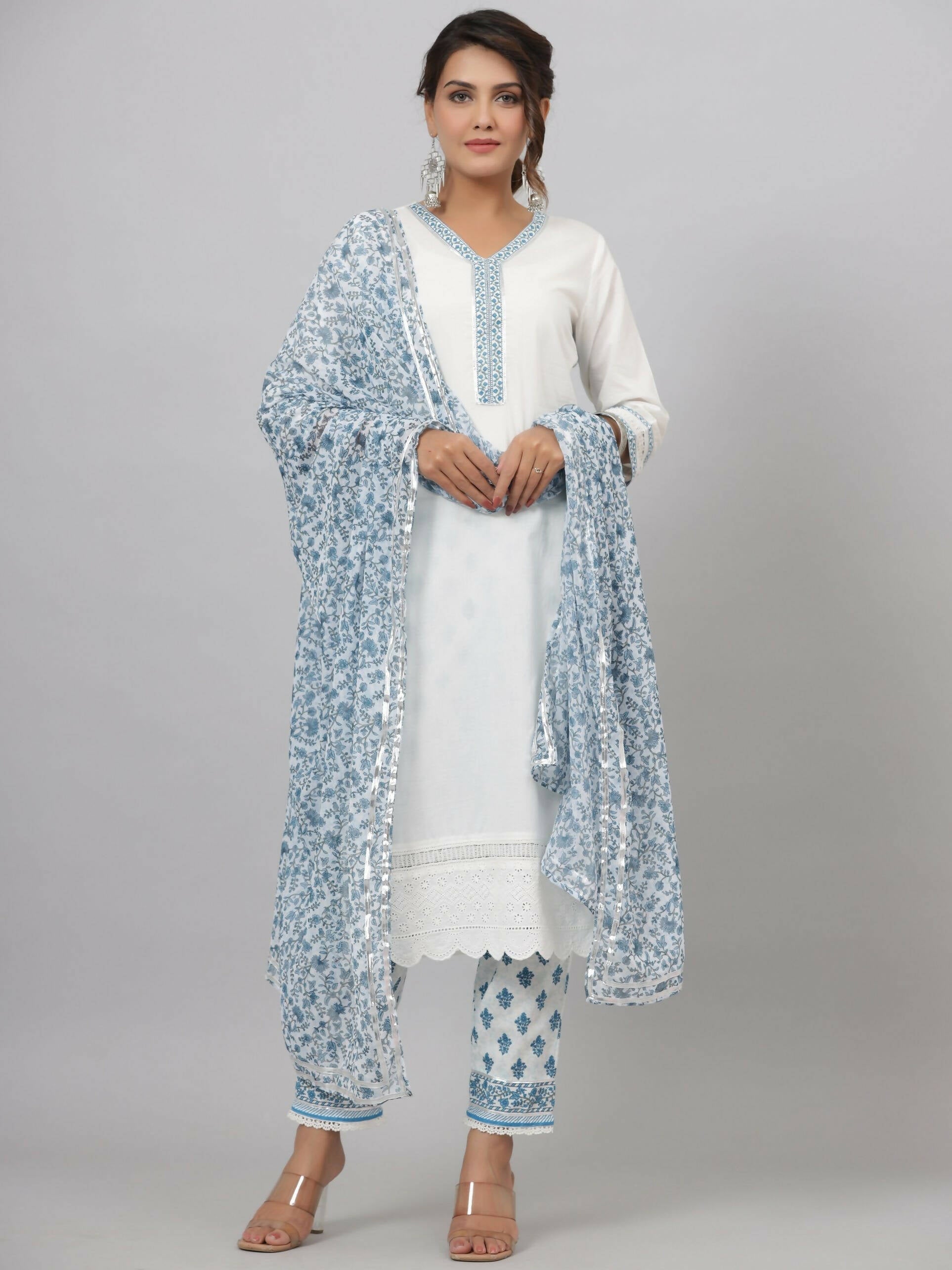 Juniper Women's White Cotton Cambric Solid Kurta Floral Printed Pant & Dupatta Set | Grocsy