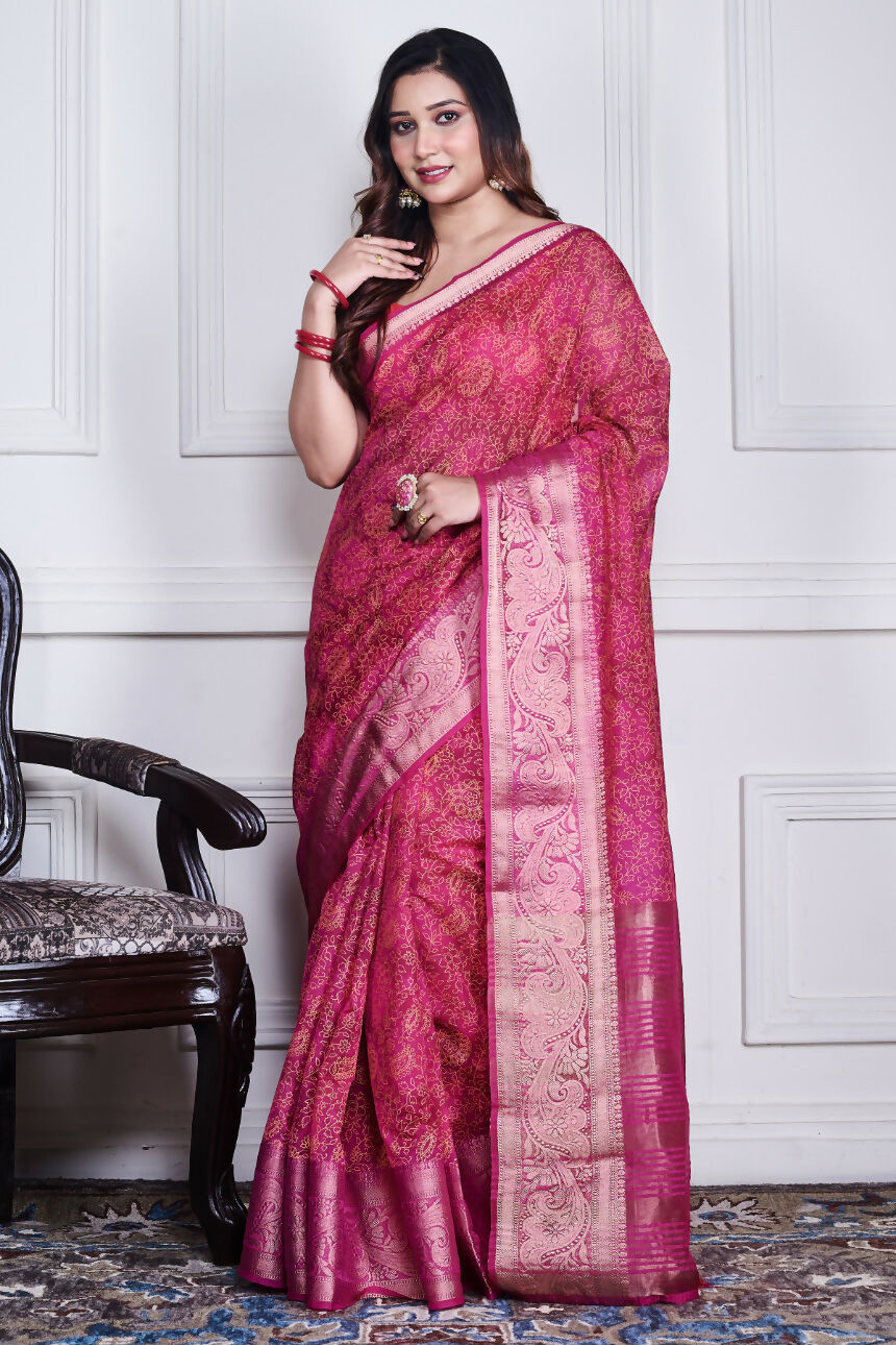 Morchari Pink Script Printed Orzanga Saree Unstitched Blouse | Grocsy