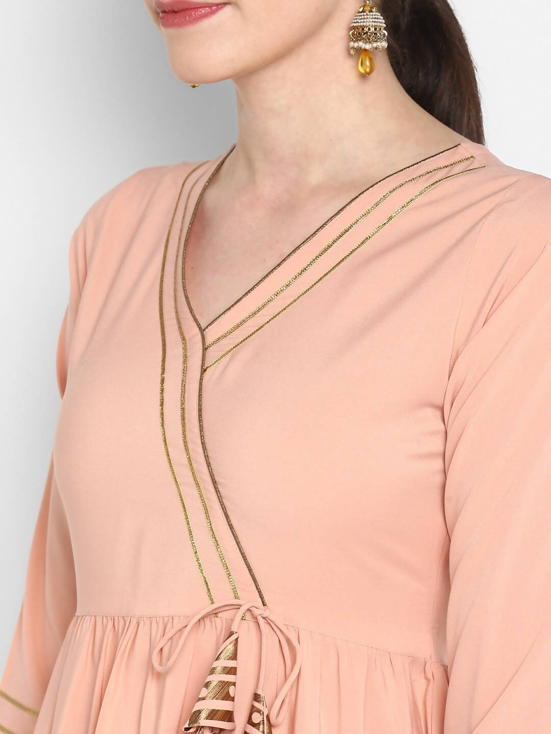 Janasya Women Peach-Coloured & Maroon Printed Angrakha Gotta Patti Kurta with Dhoti Pants | Grocsy