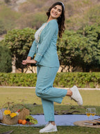 Yufta Sea Green Printed Cotton Checks Co Ord Set With Embroidery | Grocsy