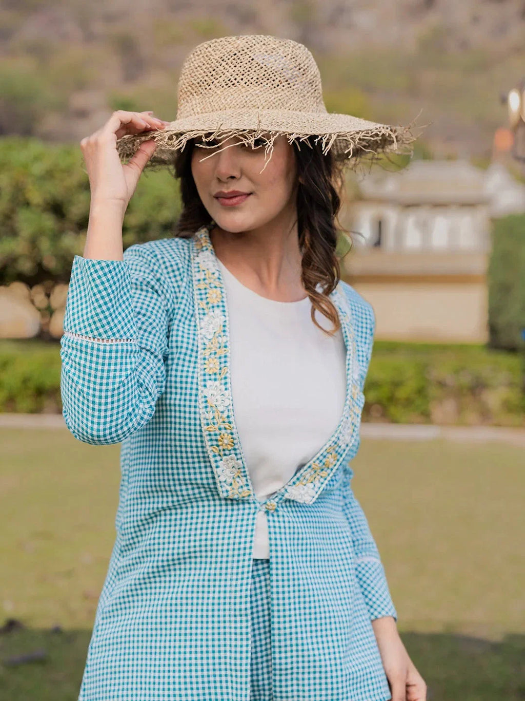 Yufta Sea Green Printed Cotton Checks Co Ord Set With Embroidery | Grocsy