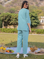 Yufta Sea Green Cotton Checks Printed Co Ord Set With Embroidery | Grocsy