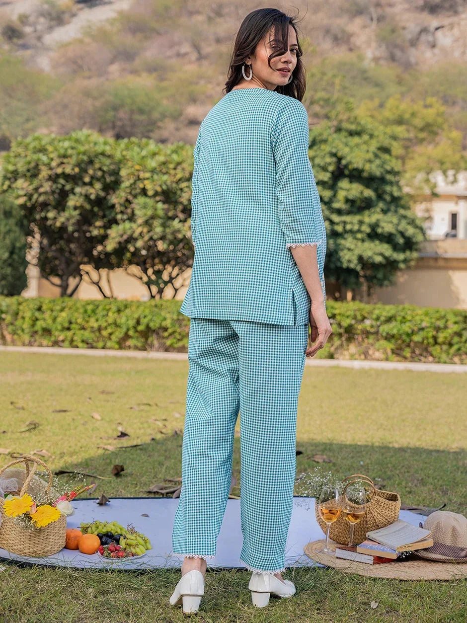 Yufta Sea Green Cotton Checks Printed Co Ord Set With Embroidery | Grocsy
