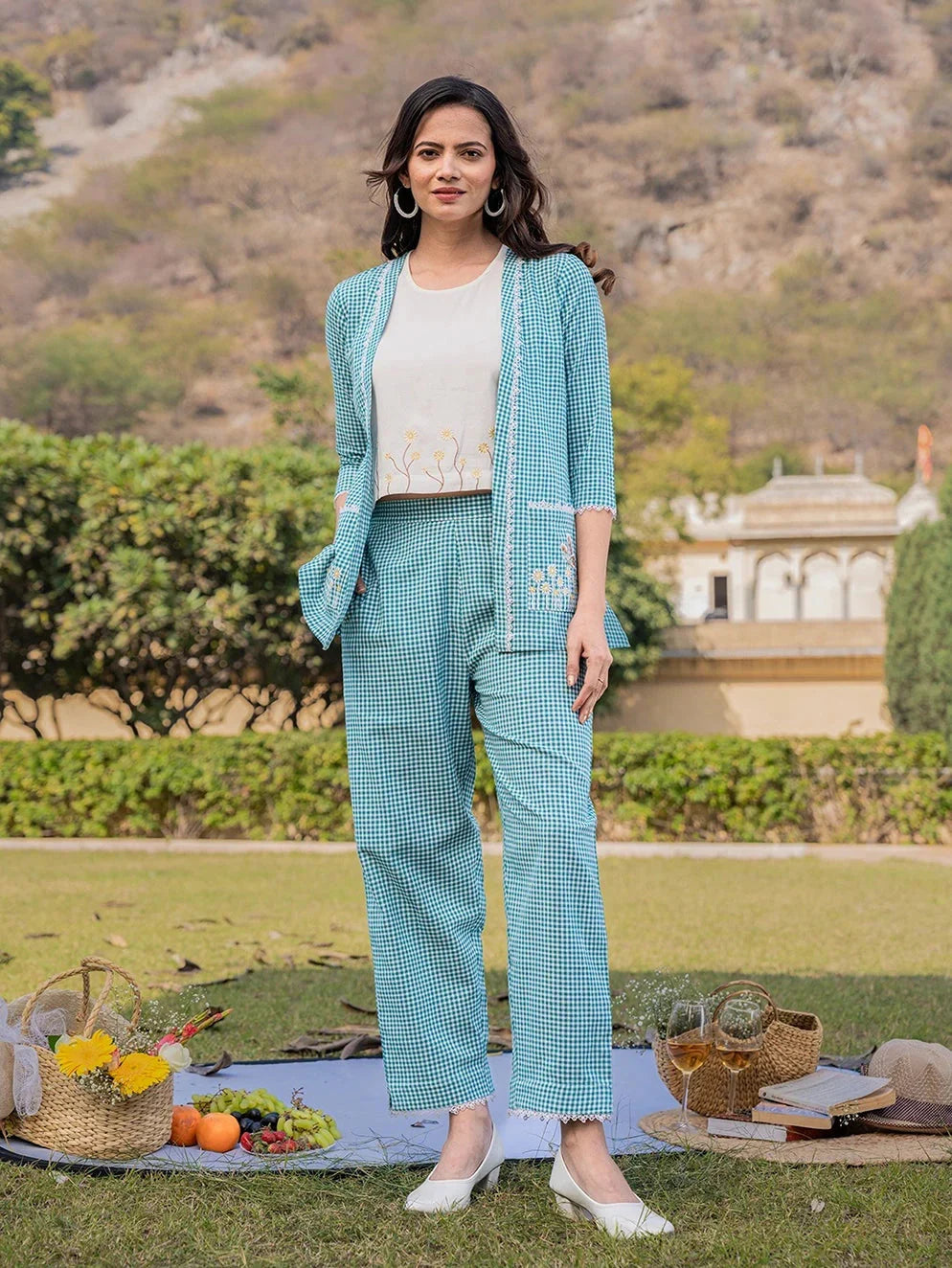 Yufta Sea Green Cotton Checks Printed Co Ord Set With Embroidery | Grocsy