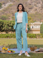 Yufta Sea Green Cotton Checks Printed Co Ord Set With Embroidery | Grocsy