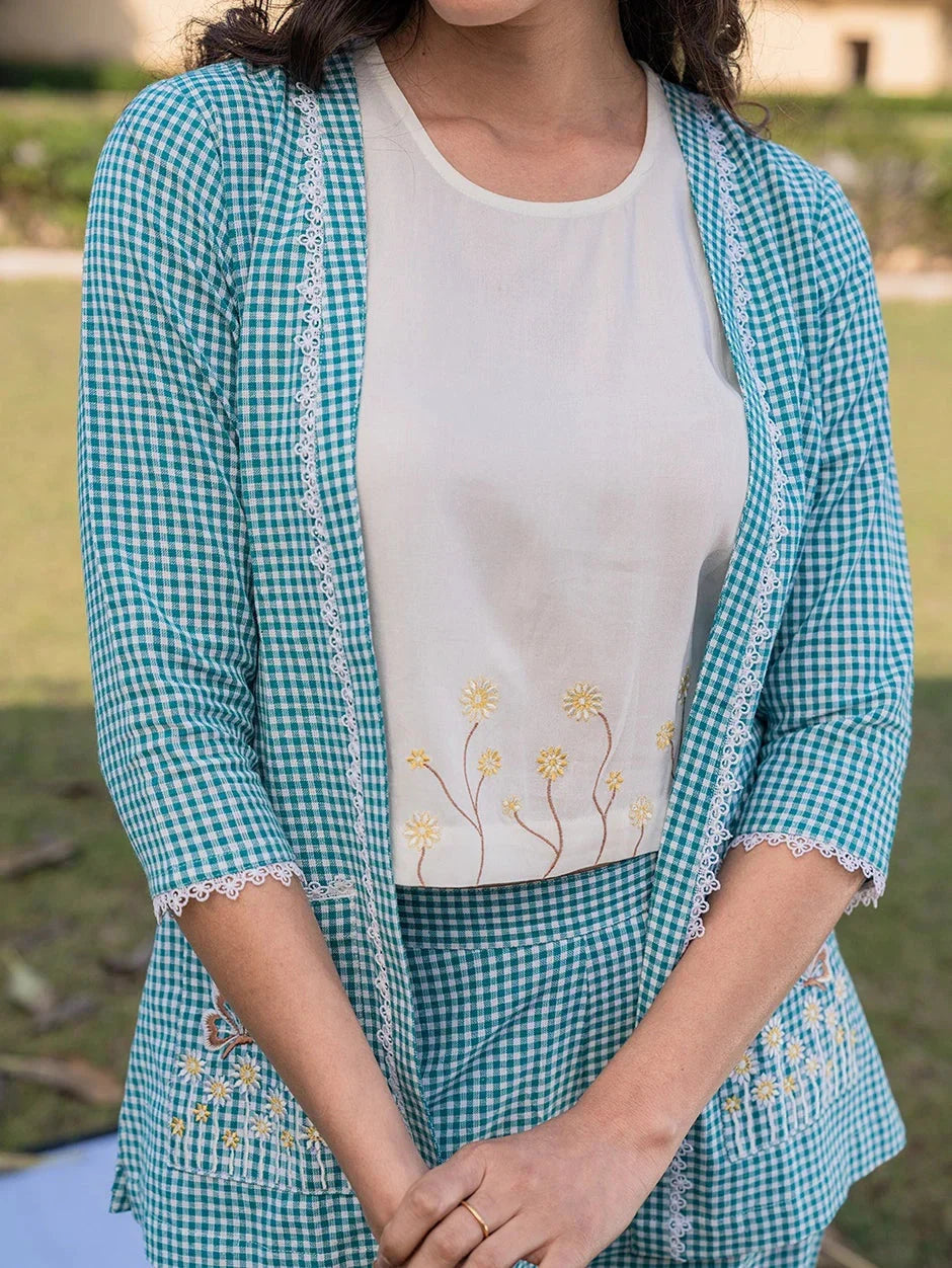 Yufta Sea Green Cotton Checks Printed Co Ord Set With Embroidery | Grocsy