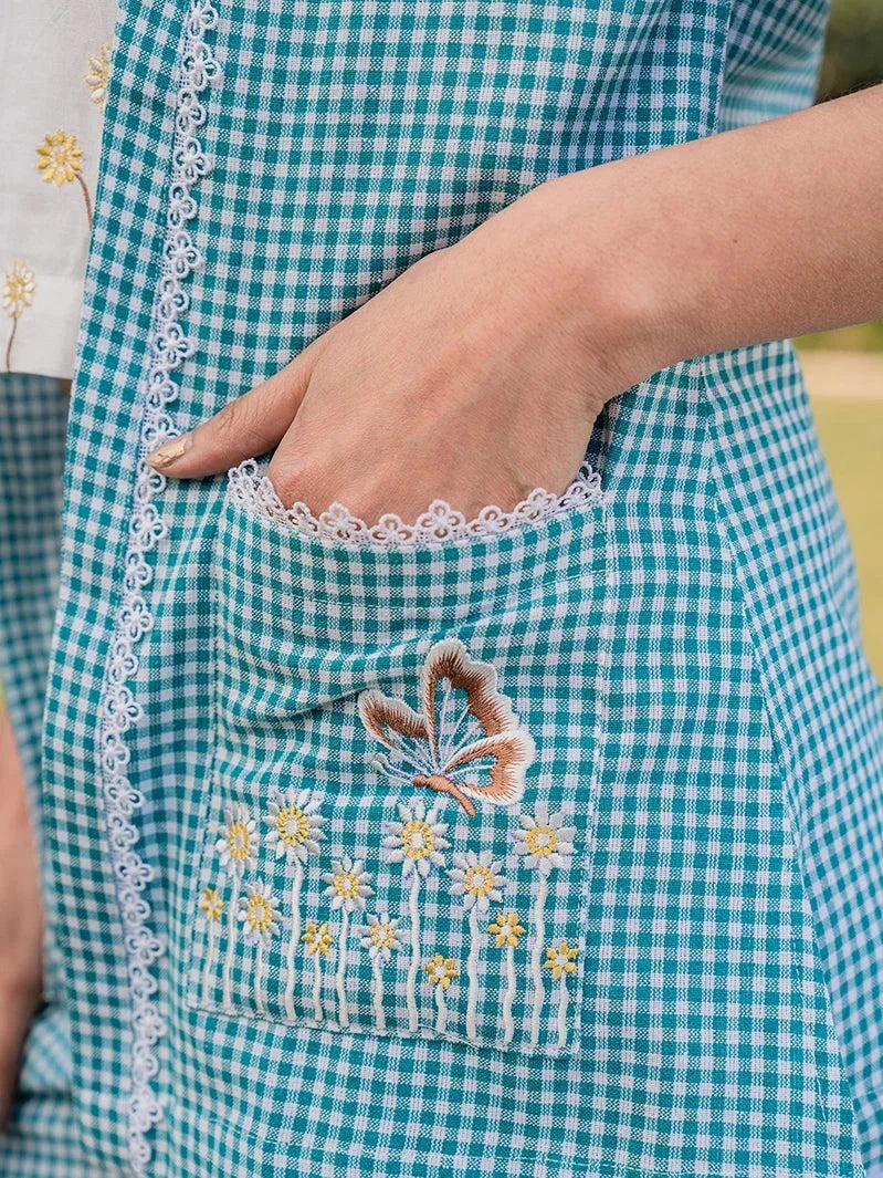 Yufta Sea Green Cotton Checks Printed Co Ord Set With Embroidery | Grocsy