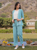 Yufta Sea Green Cotton Checks Printed Co Ord Set With Embroidery | Grocsy