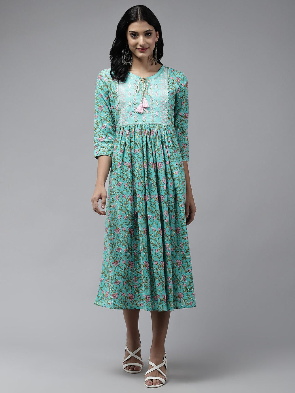 Yufta Sea Green Embroidered Midi Dress | Grocsy