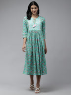 Yufta Sea Green Embroidered Midi Dress | Grocsy