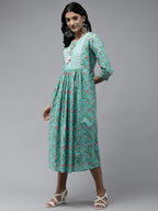 Yufta Sea Green Embroidered Midi Dress | Grocsy