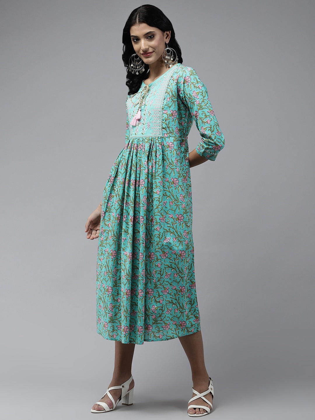 Yufta Sea Green Embroidered Midi Dress | Grocsy