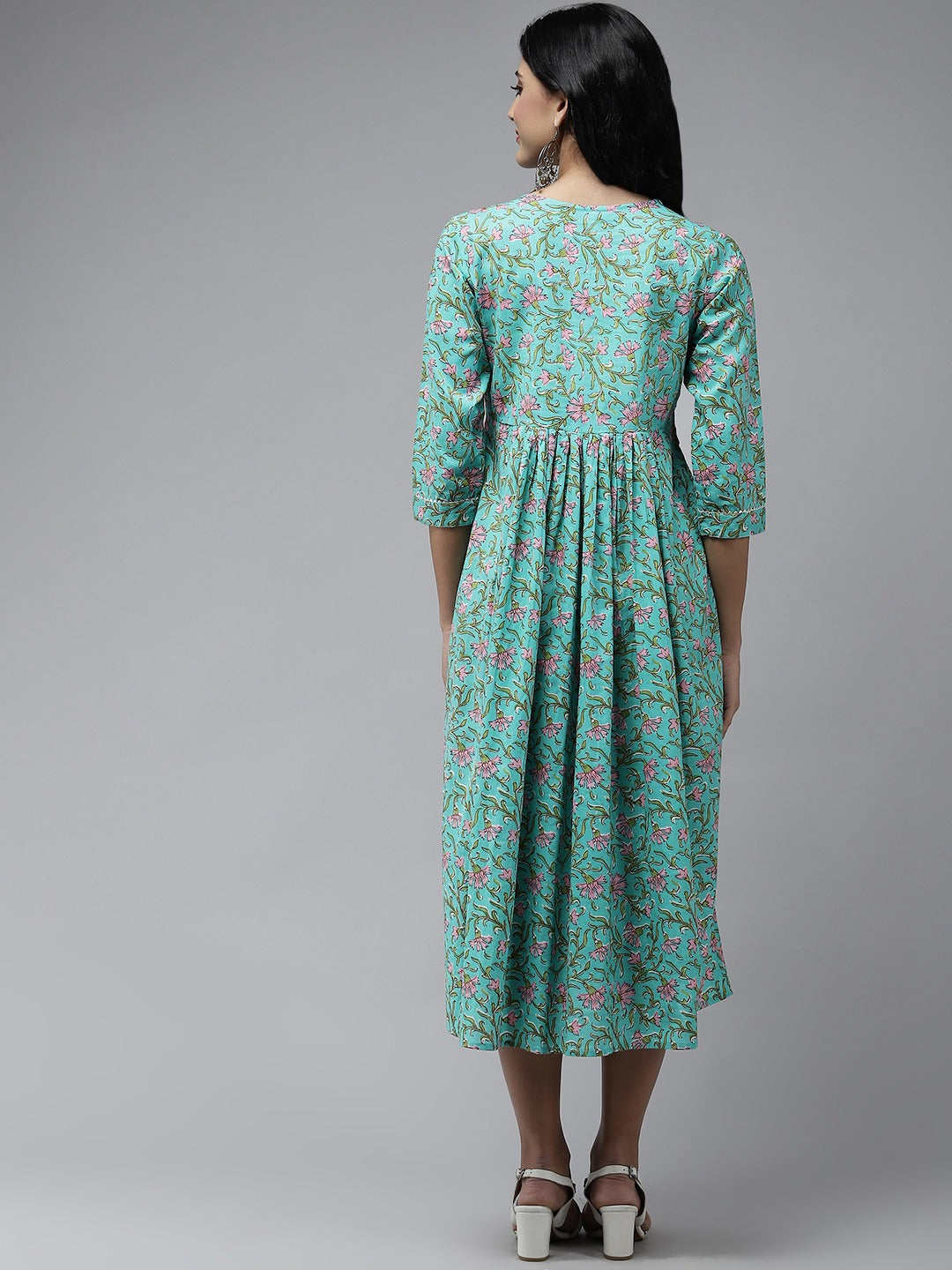 Yufta Sea Green Embroidered Midi Dress | Grocsy