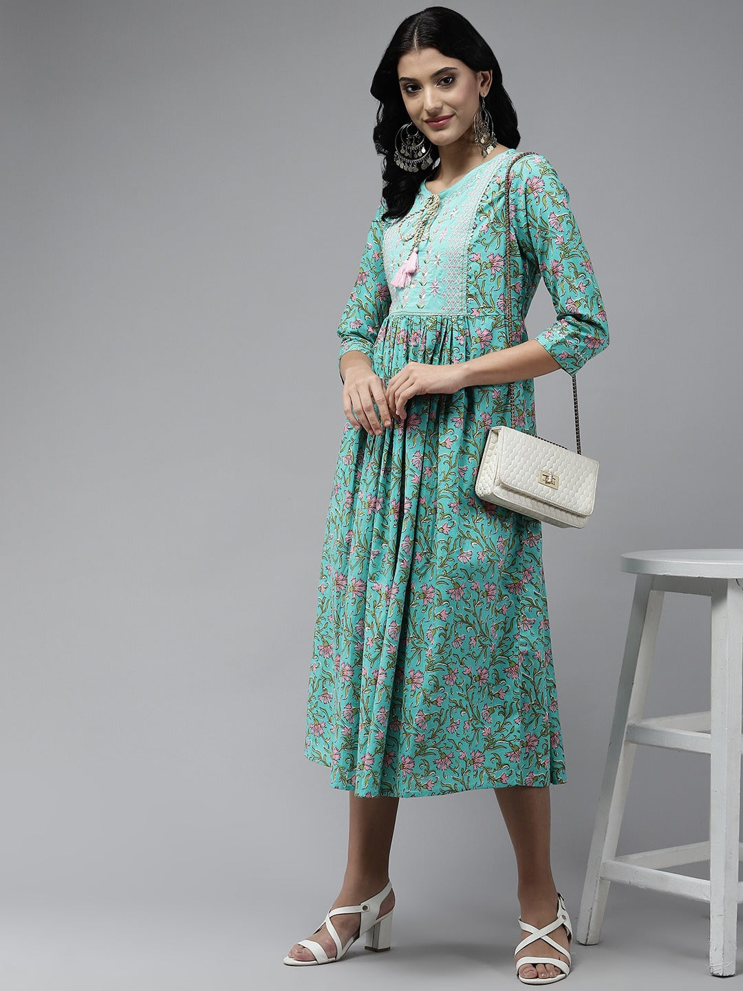 Yufta Sea Green Embroidered Midi Dress | Grocsy