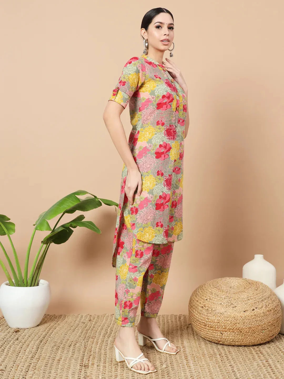 Yufta Sea Green Floral Printed Cotton Yoke Co-Ord Set | Grocsy