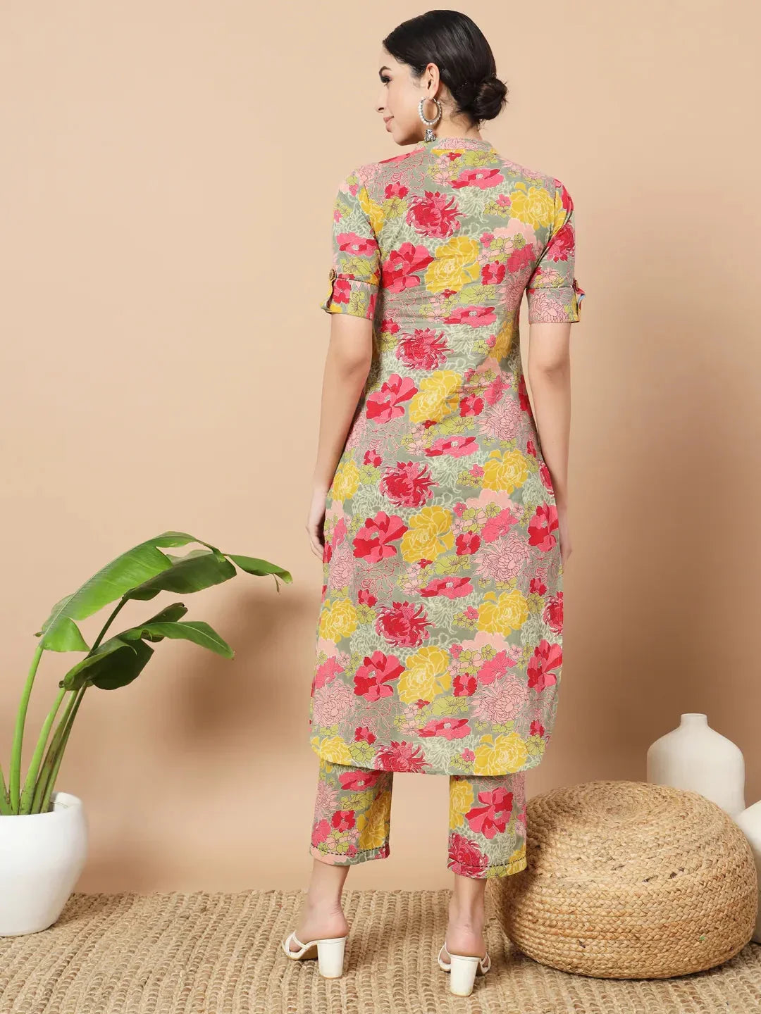 Yufta Sea Green Floral Printed Cotton Yoke Co-Ord Set | Grocsy