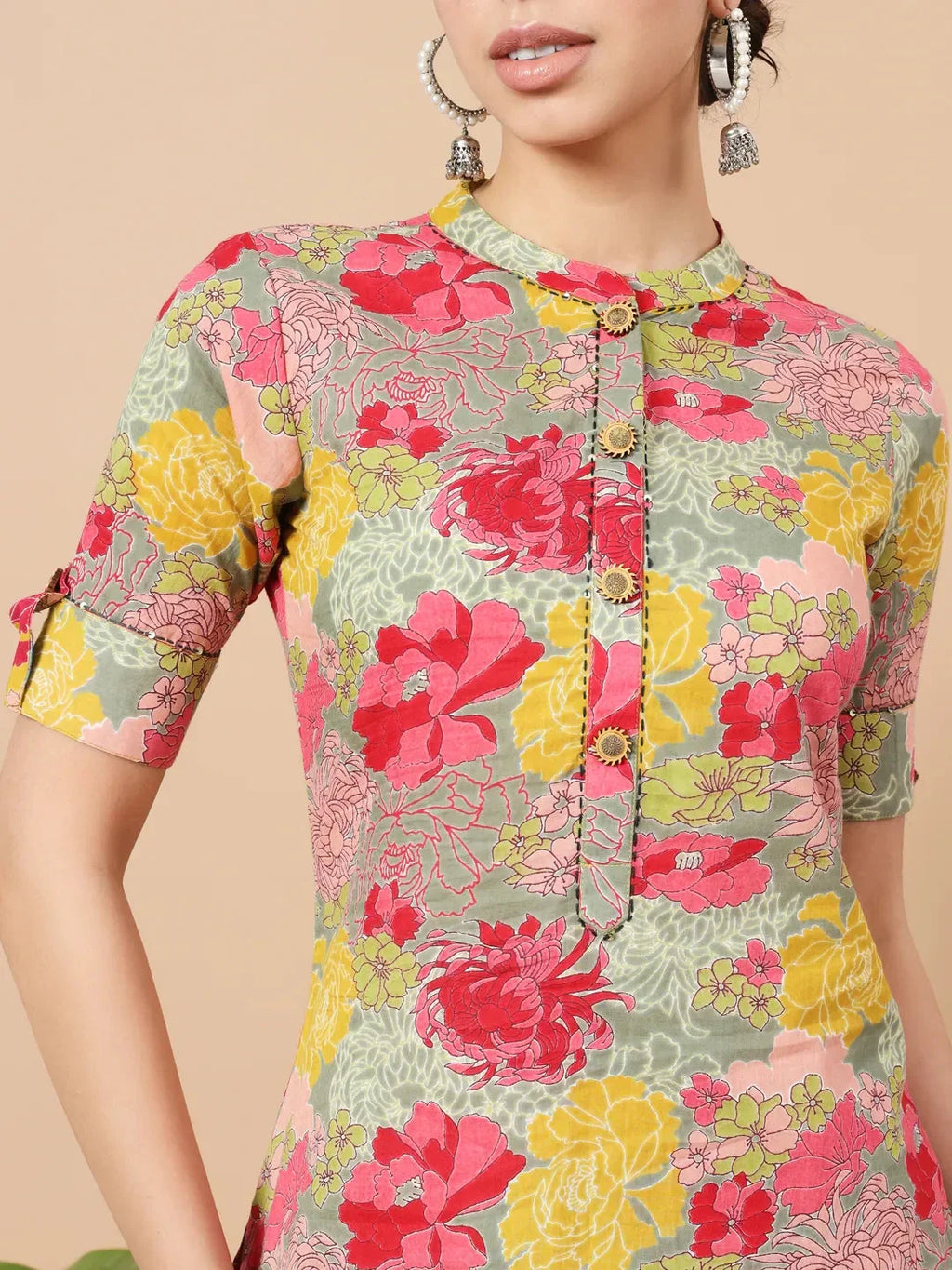 Yufta Sea Green Floral Printed Cotton Yoke Co-Ord Set | Grocsy