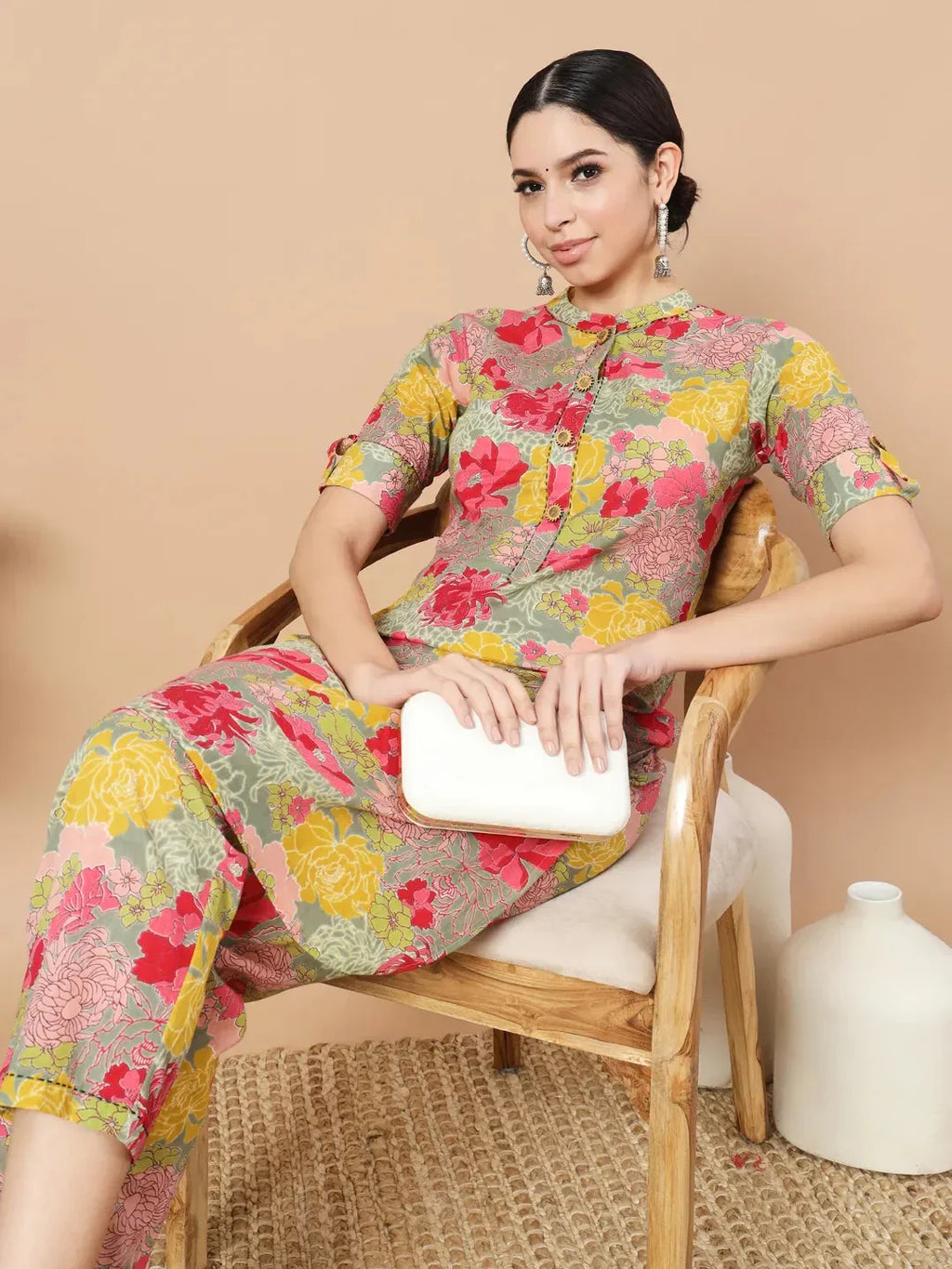 Yufta Sea Green Floral Printed Cotton Yoke Co-Ord Set | Grocsy