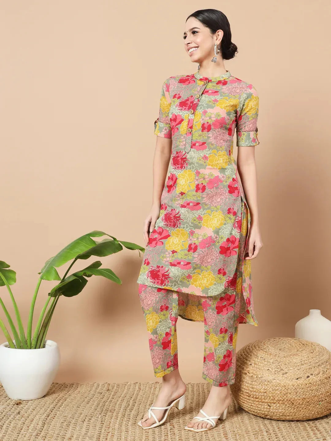 Yufta Sea Green Floral Printed Cotton Yoke Co-Ord Set | Grocsy