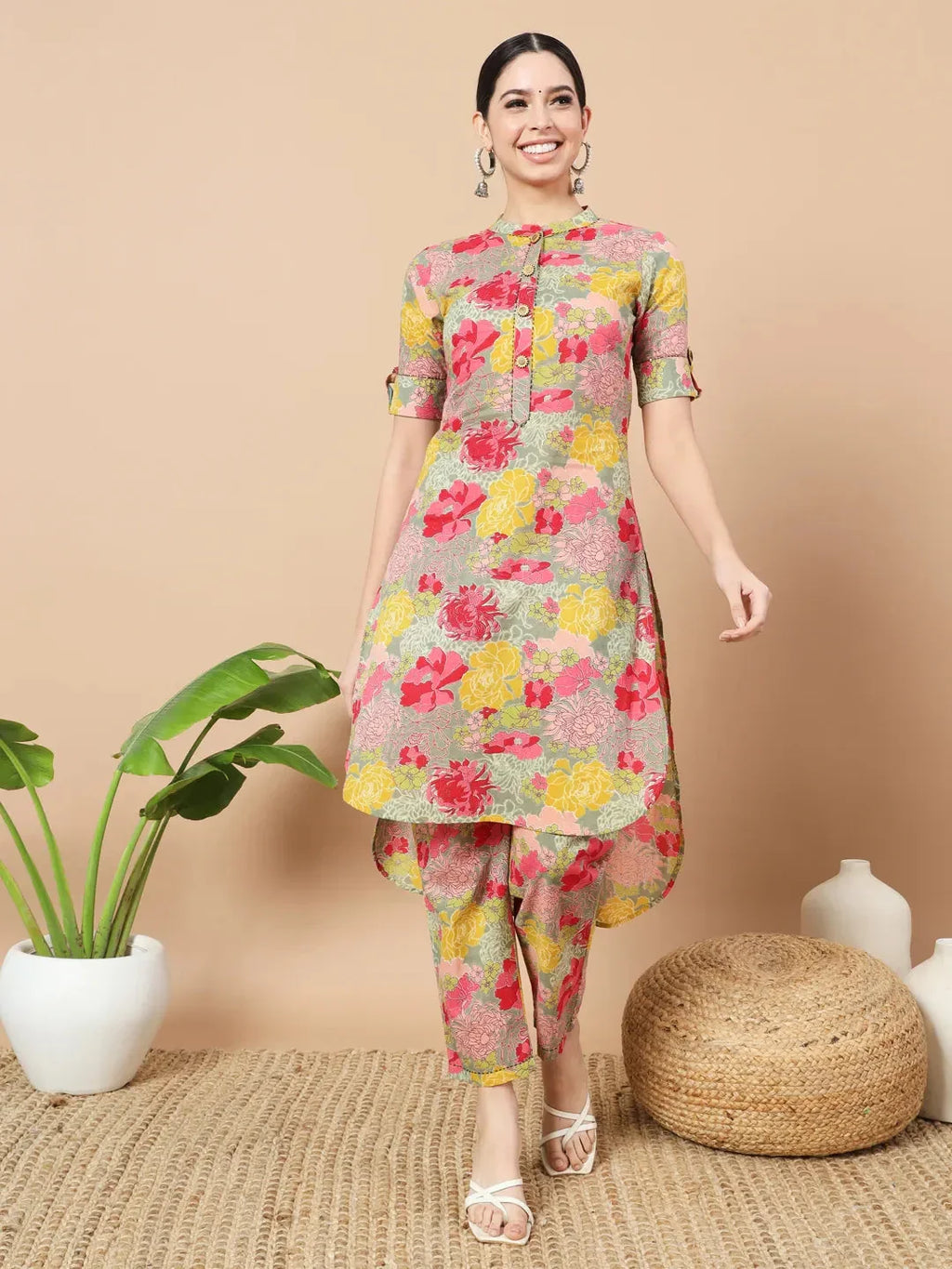 Yufta Sea Green Floral Printed Cotton Yoke Co-Ord Set | Grocsy