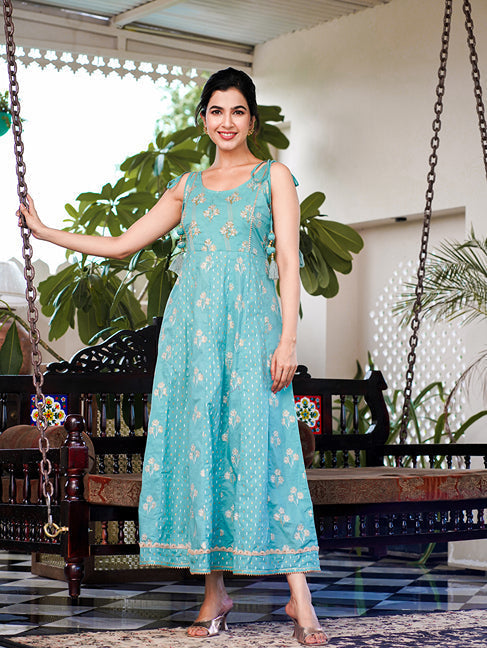 Yufta Sea Green Strappy Anarkali Dress | Grocsy