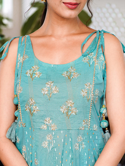 Yufta Sea Green Strappy Anarkali Dress | Grocsy