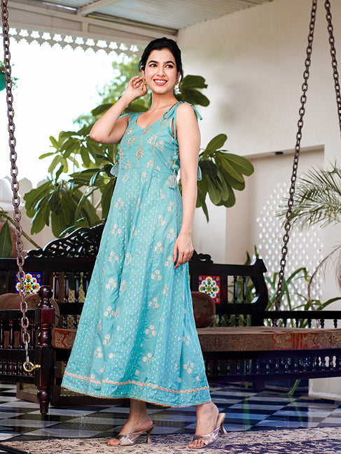 Yufta Sea Green Strappy Anarkali Dress | Grocsy