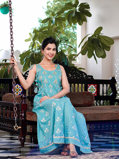 Yufta Sea Green Strappy Anarkali Dress | Grocsy
