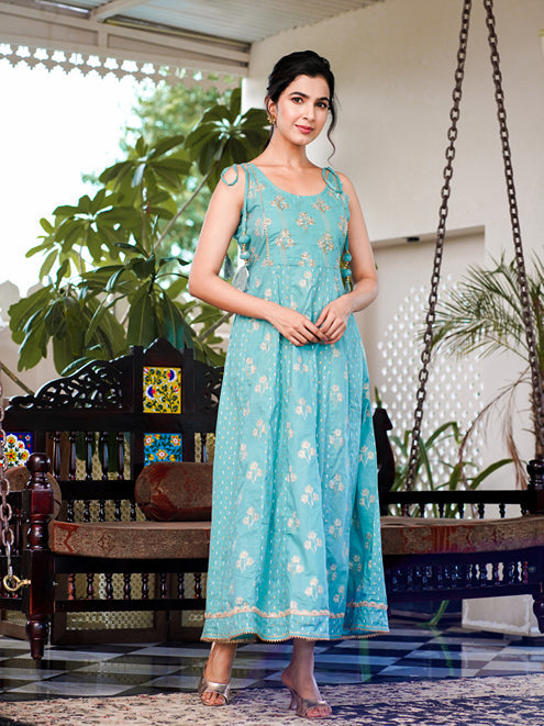 Yufta Sea Green Strappy Anarkali Dress | Grocsy