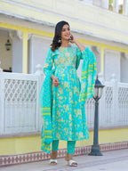 Yufta Sea Green Zari_Work Anarkali Pant Dupatta Set | Grocsy