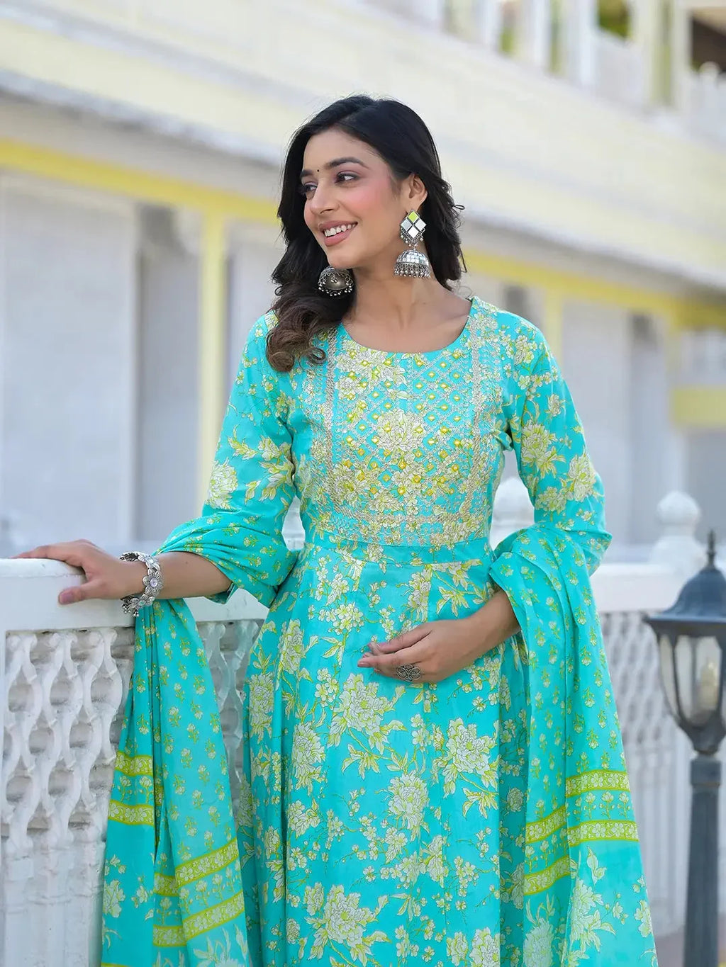 Yufta Sea Green Zari_Work Anarkali Pant Dupatta Set | Grocsy