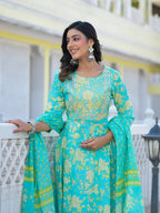 Yufta Sea Green Zari_Work Anarkali Pant Dupatta Set | Grocsy