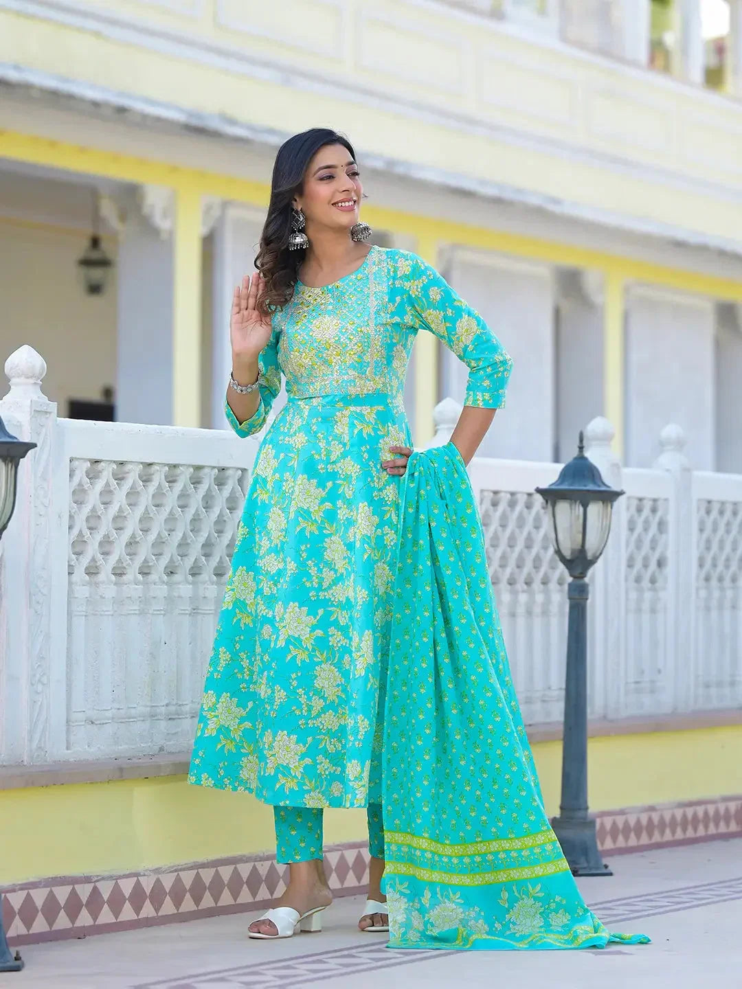 Yufta Sea Green Zari_Work Anarkali Pant Dupatta Set | Grocsy