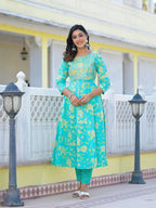 Yufta Sea Green Zari_Work Anarkali Pant Dupatta Set | Grocsy