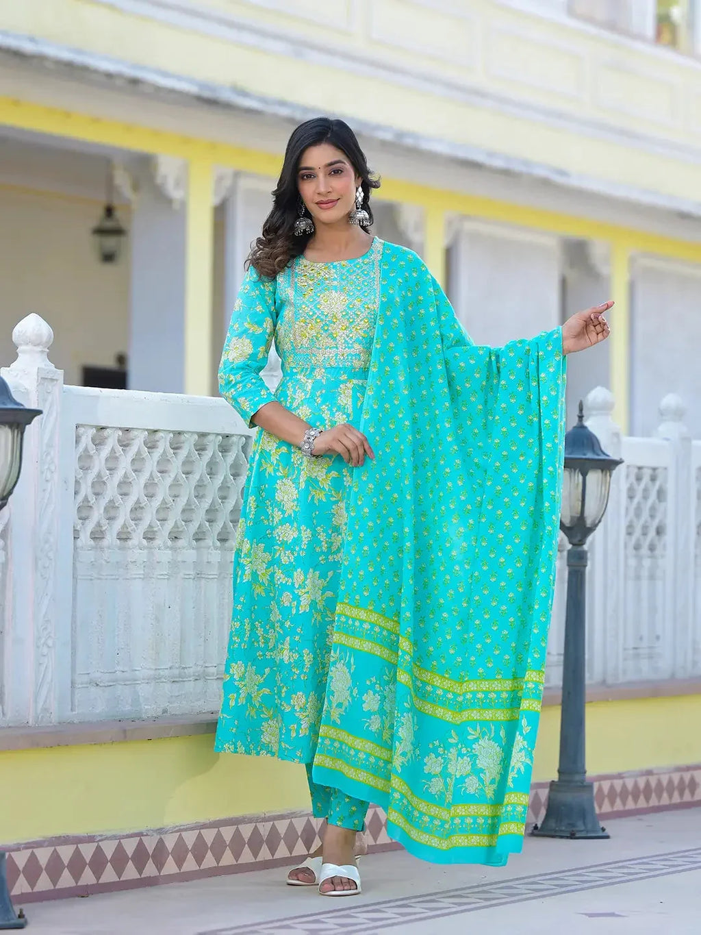 Yufta Sea Green Zari_Work Anarkali Pant Dupatta Set | Grocsy