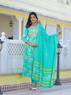 Yufta Sea Green Zari_Work Anarkali Pant Dupatta Set | Grocsy