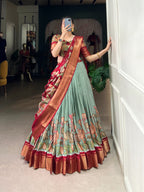 Lorenvalley Seagreen Dola Silk and Jacquard Silk Printed (Kalamkari) With Zari Weaving Border Lehenga Choli | Grocsy