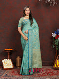 Lorenvalley Fashion Seagreen Soft Katan Silk Woven Design Zari Weaving Pallu Saree | Grocsy