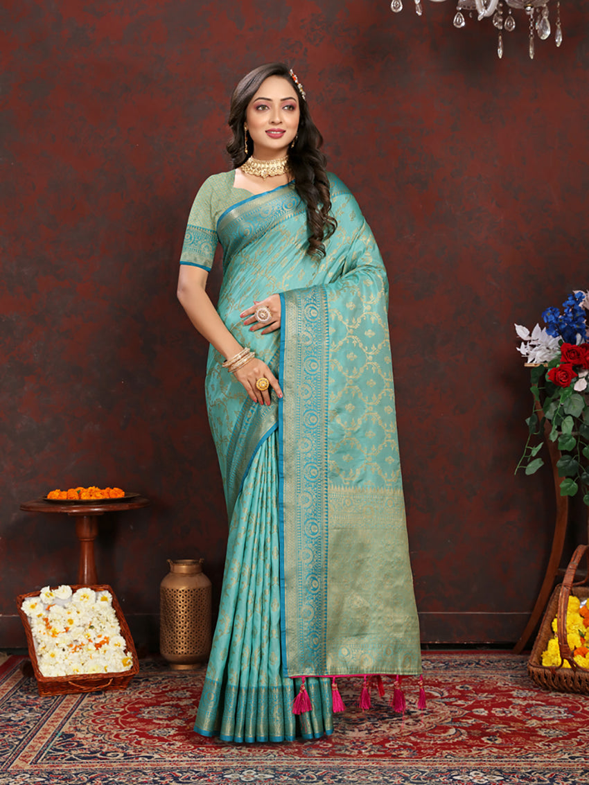 Lorenvalley Fashion Seagreen Soft Katan Silk Woven Design Zari Weaving Pallu Saree | Grocsy