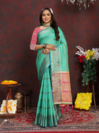 Lorenvalley Fashion Seagreen Soft Katan Silk Woven Design Zari Weaving Pallu Saree | Grocsy