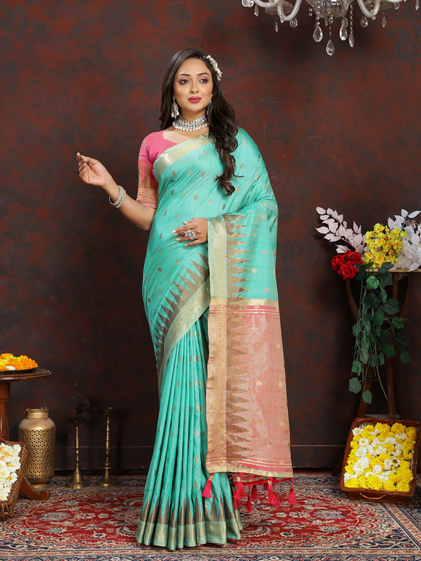 Lorenvalley Fashion Seagreen Soft Katan Silk Woven Design Zari Weaving Pallu Saree | Grocsy