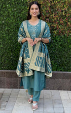 Lorenvalley Fashion Seagreen Roman Silk Hand Work Kurta Pant with Dupatta | Grocsy