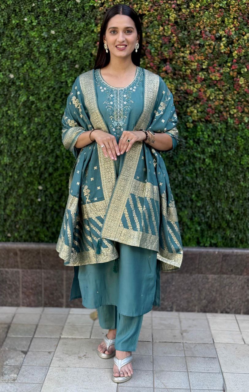 Lorenvalley Fashion Seagreen Roman Silk Hand Work Kurta Pant with Dupatta | Grocsy
