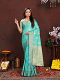 Lorenvalley Fashion Seagreen Soft Katan Silk Woven Design Zari Weaving Pallu Saree | Grocsy