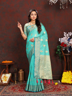 Lorenvalley Fashion Seagreen Soft Katan Silk Woven Design Zari Weaving Pallu Saree | Grocsy