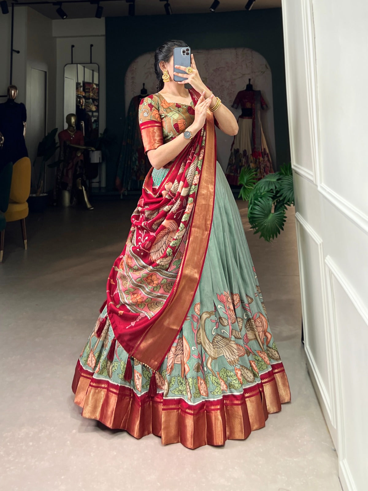 Lorenvalley Seagreen Dola Silk and Jacquard Silk Printed (Kalamkari) With Zari Weaving Border Lehenga Choli | Grocsy
