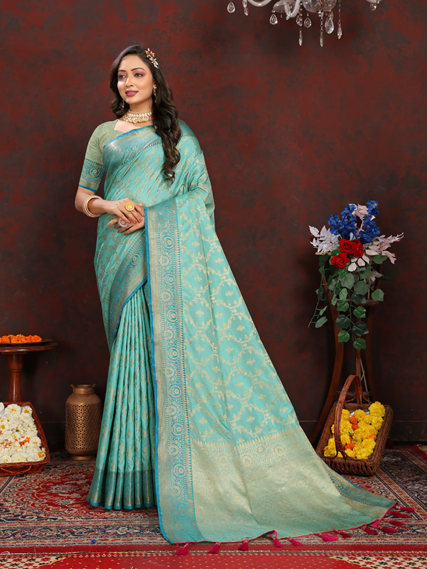 Lorenvalley Fashion Seagreen Soft Katan Silk Woven Design Zari Weaving Pallu Saree | Grocsy