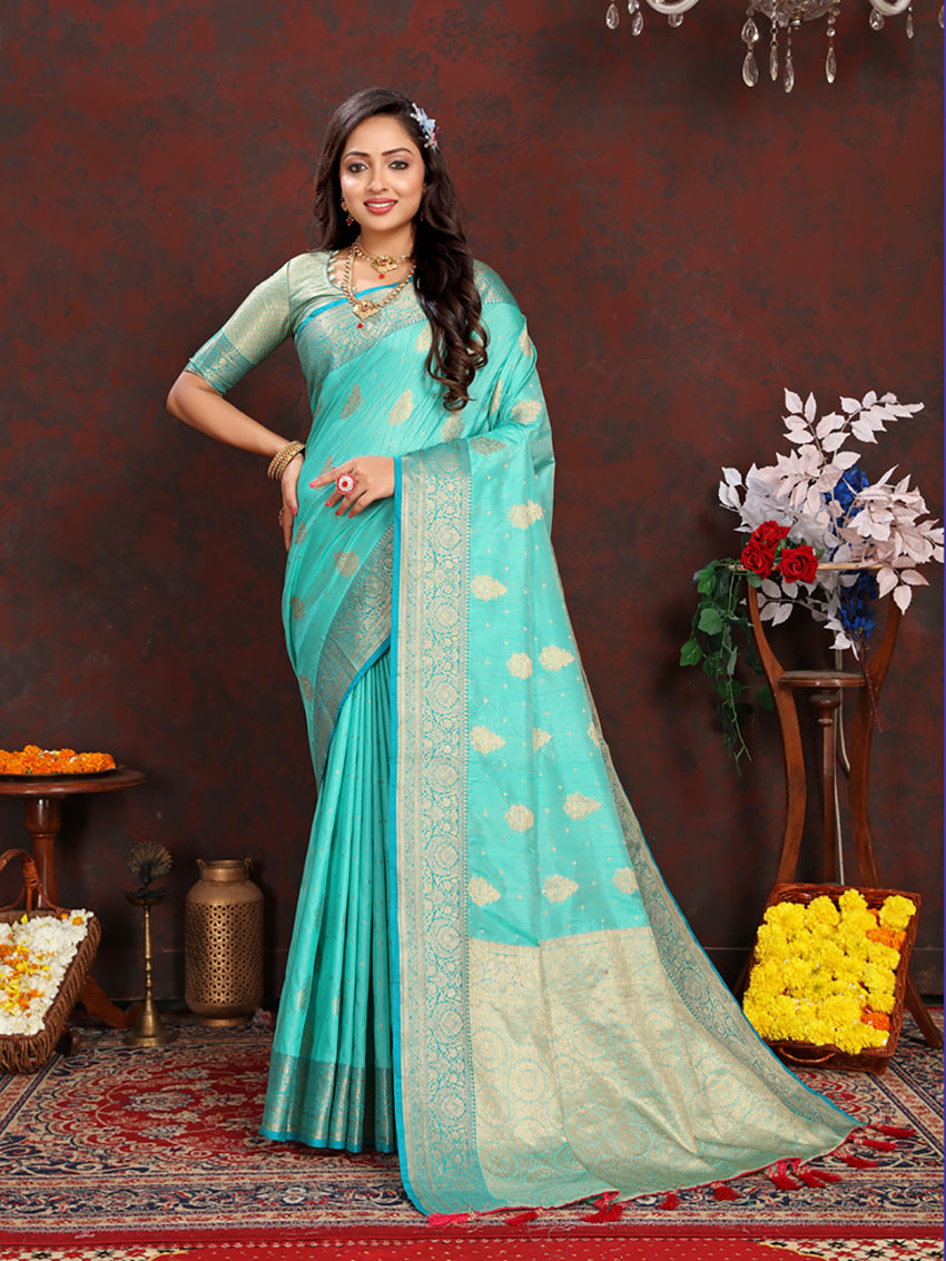 Lorenvalley Fashion Seagreen Soft Katan Silk Woven Design Zari Weaving Pallu Saree | Grocsy