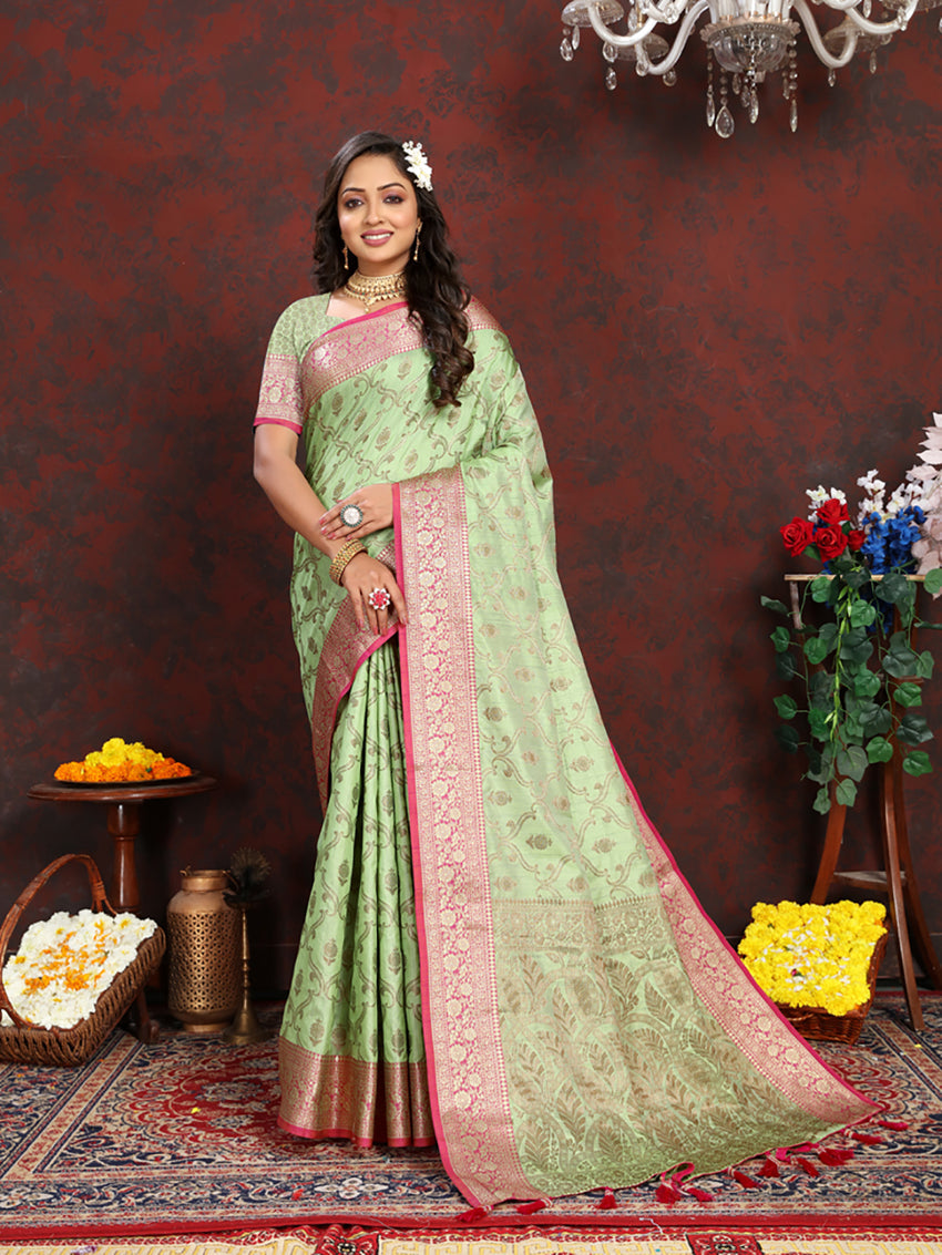 Lorenvalley Fashion Seagreen Soft Katan Silk Woven Design Rich Zari Weaving Pallu Saree | Grocsy